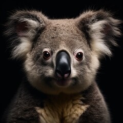 Fototapeta premium Close-up of a cute koala with big eyes, gray fur, and black nose sitting on a eucalyptus branch surrounded by green leaves in its natural habitat, exuding tranquility and charm.