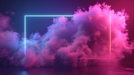 Abstract neon background with glowing rectangle shape and spinning cloud. Blank geometric frame