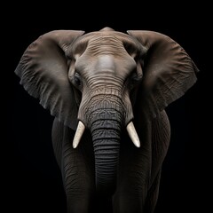 Fototapeta premium A majestic elephant with impressive tusks and wrinkled gray skin poses in a studio against a black backdrop. Its ears are spread out as it faces the camera, exuding strength and grace.