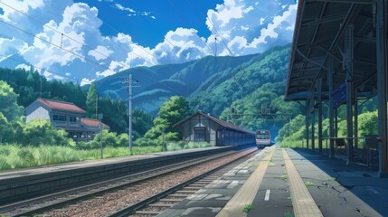 Serene train station in the countryside with a single train arriving, surrounded by lush greenery and mountains
