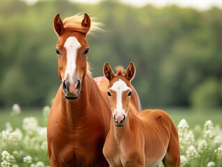 Chestnut mare and her foal standing in a lush green meadow with white flowers, showcasing maternal bond and nature's beauty.