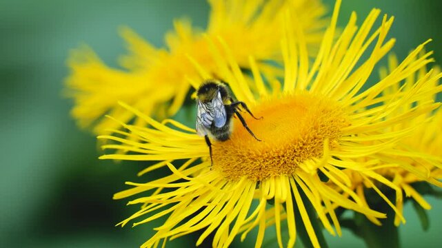 A bumblebee collects nectar from a bright yellow flower of an Inula plant.