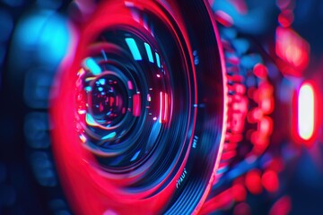  Close-Up of Video Camera Lens with Red and Blue Light Reflections, Capturing the Essence of Modern Technology