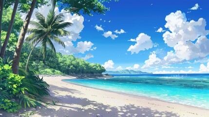 Obraz premium Tranquil beach with turquoise waters, white sand, and gently swaying palm trees under a clear blue sky