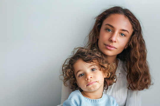 portrait of mom and baby with rash on cheek, portrait of a little girl suffering from impetigo disease with a rash on her cheeks and chin,  copy space