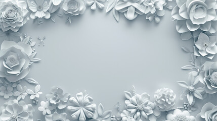 Fototapeta premium Delicate white paper flowers arranged as a border on a light gray background, creating an elegant and artistic frame design. 