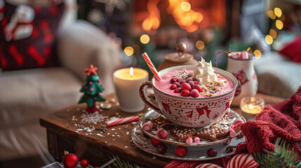 Fototapeta premium Berry smoothie in a deep bowl decorated with cranberries, orange zest, cocoa and coconut flakes with whipped cream on a table decorated in New Year's style