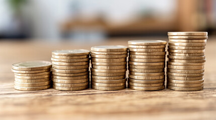 five stacks of coins arranged in ascending order on a wooden surface, with a blurred background. The coins symbolize financial growth, savings, and economic stability