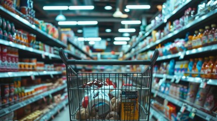 Naklejka premium Shopping cart filled with groceries and household items in a supermarket aisle