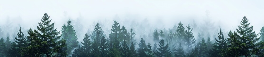 Fototapeta premium Panoramic view of a misty pine forest in early morning