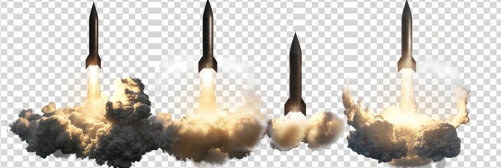 Set of missile rocket launch isolated on transparent