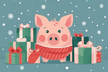 Naklejka premium Cute Cartoon Pig in Winter Scarf Surrounded by Christmas Gifts and Snowflakes on a Festive Background