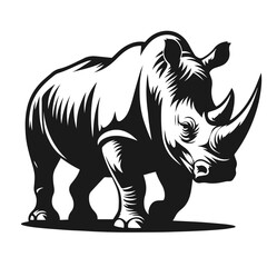 Clean Black and white Vector silhouette of a Rhino on white background