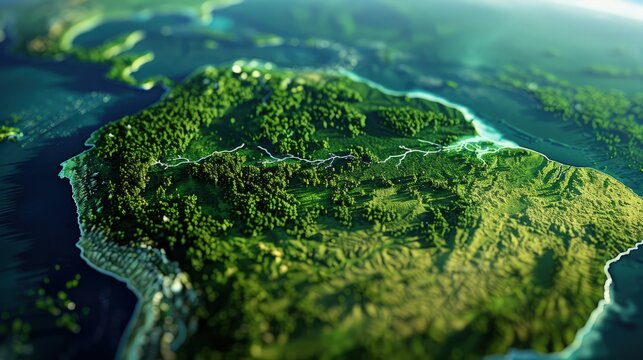 A close-up of the Earth with a focus on a flourishing Amazon rainforest, showcasing vibrant greens and a network of rivers, emphasizing biodiversity preservation.