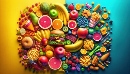 Obraz premium Healthy Meets Unhealthy: Fruits and Junk Food Display