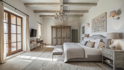 A serene bedroom with rustic and elegant design elements