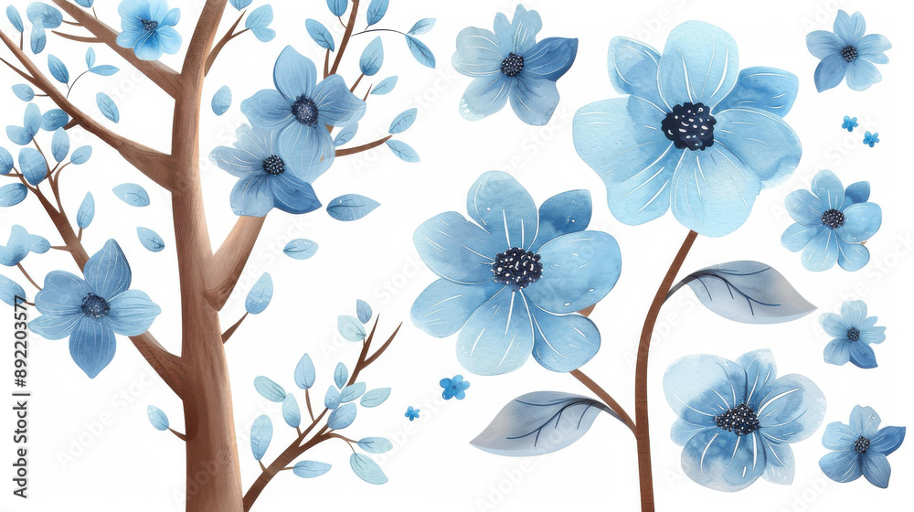 Sticker Delicate blue watercolor floral arrangements featuring wildflowers and lush greens, perfect for any botanicalthemed design.