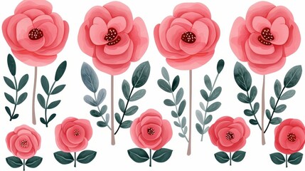 Fototapeta premium Vintage watercolor elements of pink roses and garden flowers on a white background. Flat handdrawn illustration.