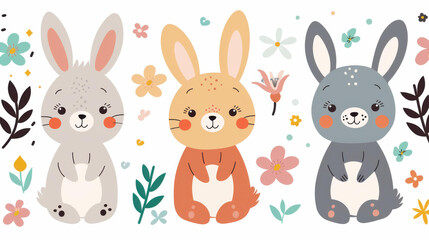 Charming spring illustration with bunnies and flowers on a clean background. Perfect for Easter or any springthemed project.