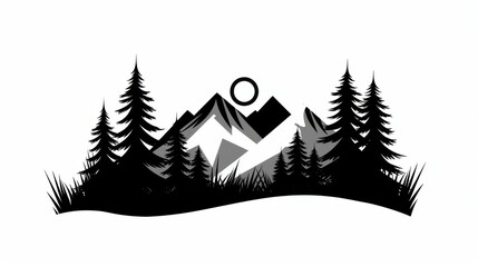 Explore the great outdoors with this black silhouette of mountains and fir trees, capturing the essence of adventure and nature.