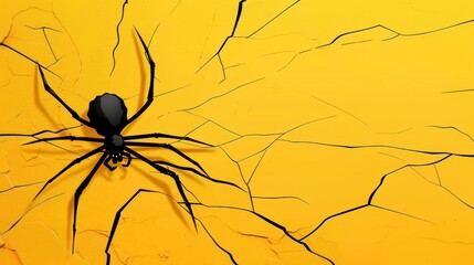 A striking black spider character illustration, cartoonish style, set against a bright yellow background for a captivating banner design.