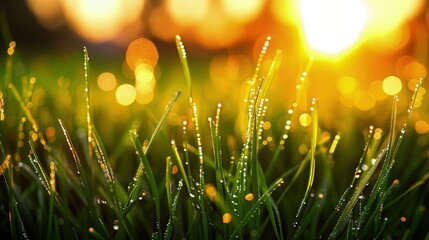Fototapeta premium A close-up of vibrant green grass glistening with dew drops, illuminated by a golden sunset creating a warm bokeh effect in the background.