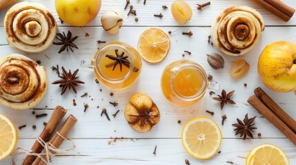 Fototapeta premium Ingredients for quince jelly dessert with allspice and cinnamon rolls on white wooden table