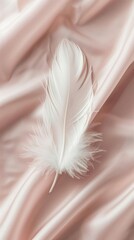 Fototapeta premium Close-up of a delicate white feather resting on a smooth pastel background, minimalistic composition with soft shadows and elegant simplicity