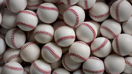 Top view of a pile of baseballs, showcasing their white leather surfaces and red stitching. The image highlights the uniformity and texture of the balls, perfect for sports and baseball themes.