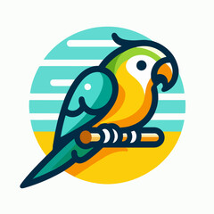 a flat vector logo of a parrot on a branch.