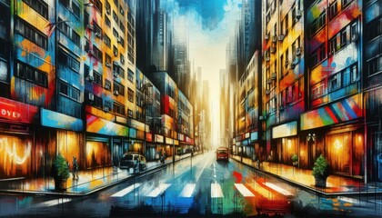 water painting art of a city view