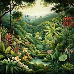 Fototapeta premium A mesmerizing lush green jungle with a meandering river under gentle sunlight filtering through dense canopy, offering a serene view. Perfect for websites, presentations, illustrations.