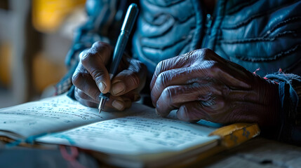 A close-up of hands writing in a notebook, representing the personal aspect of literacy