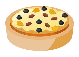 Cottage cheese casserole with blueberries, nuts and pineapple slices, isolated on a white background. Cartoon style vector illustration.