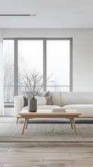 Fototapeta premium Modern interiors composition with plenty of natural window lighting and contemporary furniture. Property interiors design composition.