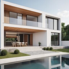 3d illustration of a comfortable luxury house with swimming pool and parking for sale or rent in modern style.