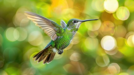 Naklejka premium A close-up shot of a cute Snowy-bellied hummingbird flying on a blurred background. 