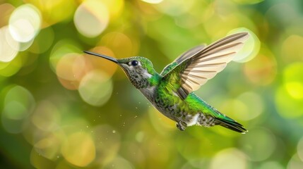 Fototapeta premium A close-up shot of a cute Snowy-bellied hummingbird flying on a blurred background. 