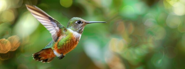 Obraz premium A close-up shot of a cute Snowy-bellied hummingbird flying on a blurred background. 