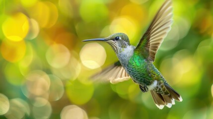 Fototapeta premium A close-up shot of a cute Snowy-bellied hummingbird flying on a blurred background. 