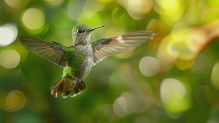 A close-up shot of a cute Snowy-bellied hummingbird flying on a blurred background. 