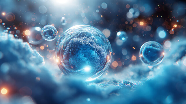 3r render of abstract art of a transparent blue sphere with luminous white background with 3d dark blue molecules and surreal molecules and data figures and very luminous light background.