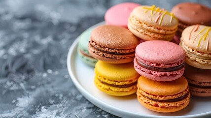 Fototapeta premium A colorful assortment of macarons displayed on a plate, perfect for dessert lovers and culinary enthusiasts.