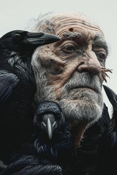 photorealistic portrait of old man head with 3 crows eating his hair, white background