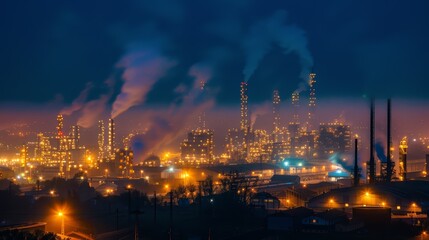 Naklejka premium Industrial Refinery at Night with Smoke