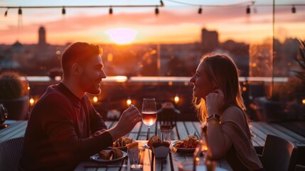 Couple enjoying a dinner at a rooftop restaurant with a breathtaking sunset view, creating a romantic and intimate atmosphere.