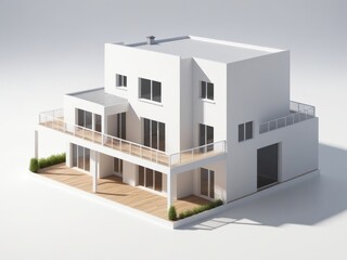 Modern minimalist white apartment building with spacious balconies and large glass windows, isolated on white background.