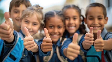 A group of young children giving thumbs up