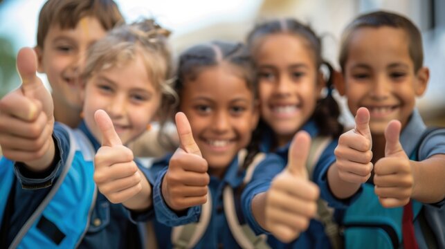 A group of young children giving thumbs up