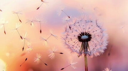 A detailed image of a dandelion pod exploding, with fluffy seeds drifting away on a gentle breeze against a sunset-colored background, representing the spread of life.